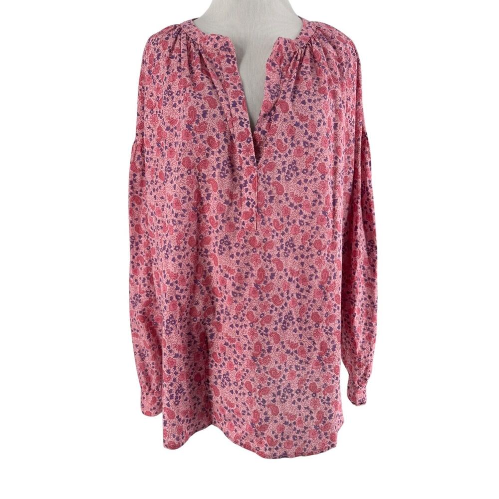 Xirena Women's Pink Floral Split Neck Long Sleeve Romi Top Blouse Size Large